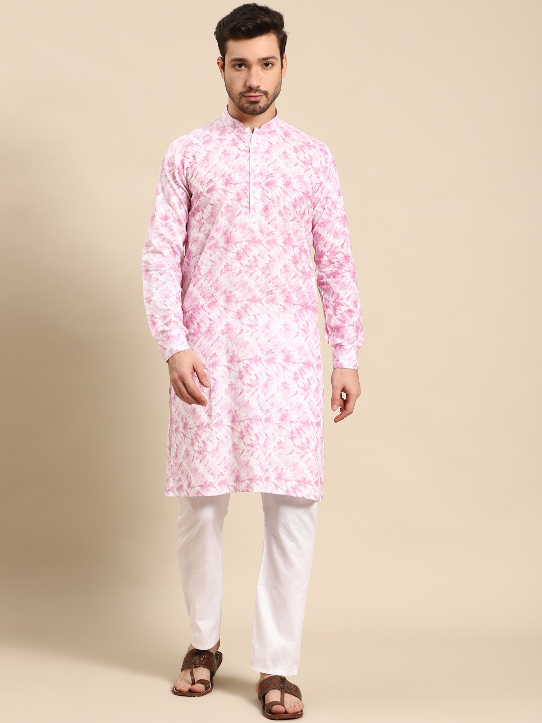 

RAJUBHAI HARGOVINDAS Men Lavender & White Tie and Dye Pure Cotton Kurta