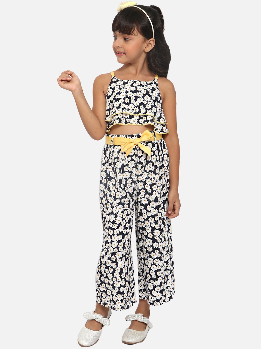 

Nauti Nati Girls White & Navy Blue Floral Printed Top with Palazzos with Tie-Belt