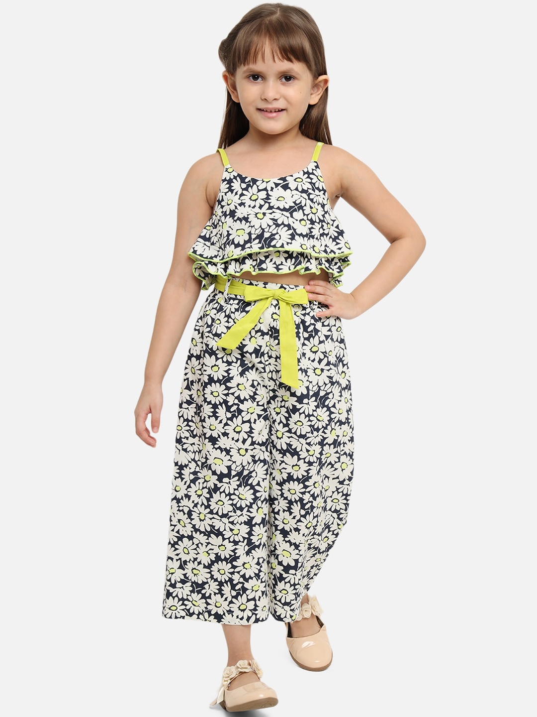 

Nauti Nati Girls White Printed Pure Cotton Top with Palazzos With Tie-Belt