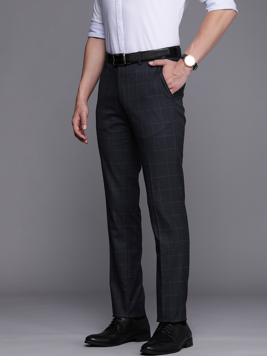 

Louis Philippe Men Navy Blue Checked Slim Fit Mid-Rise Plain Woven Formal Trousers