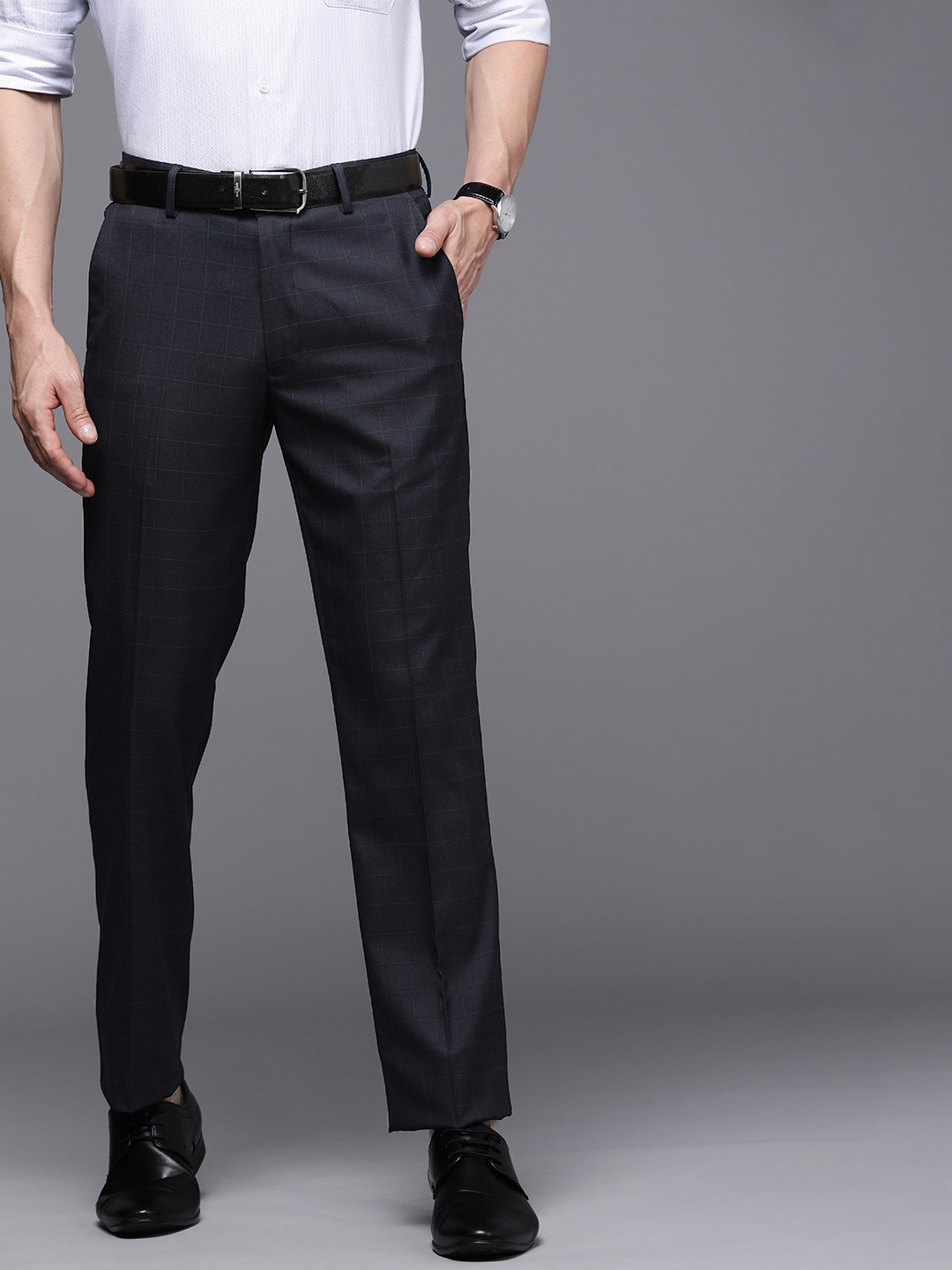 

Louis Philippe Men Navy Blue Checked Slim Fit Formal Trousers