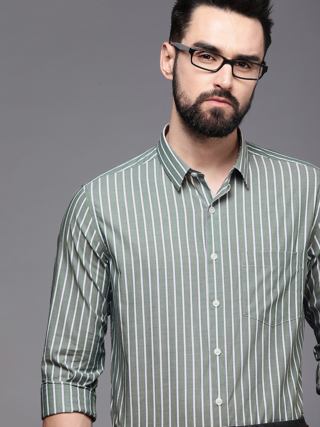 

Louis Philippe Sage Green & White Striped Slim Fit Stretchable Formal Shirt