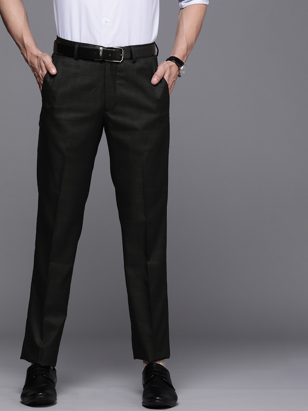 

Louis Philippe Men Black Self-Checked Slim Fit Formal Trousers