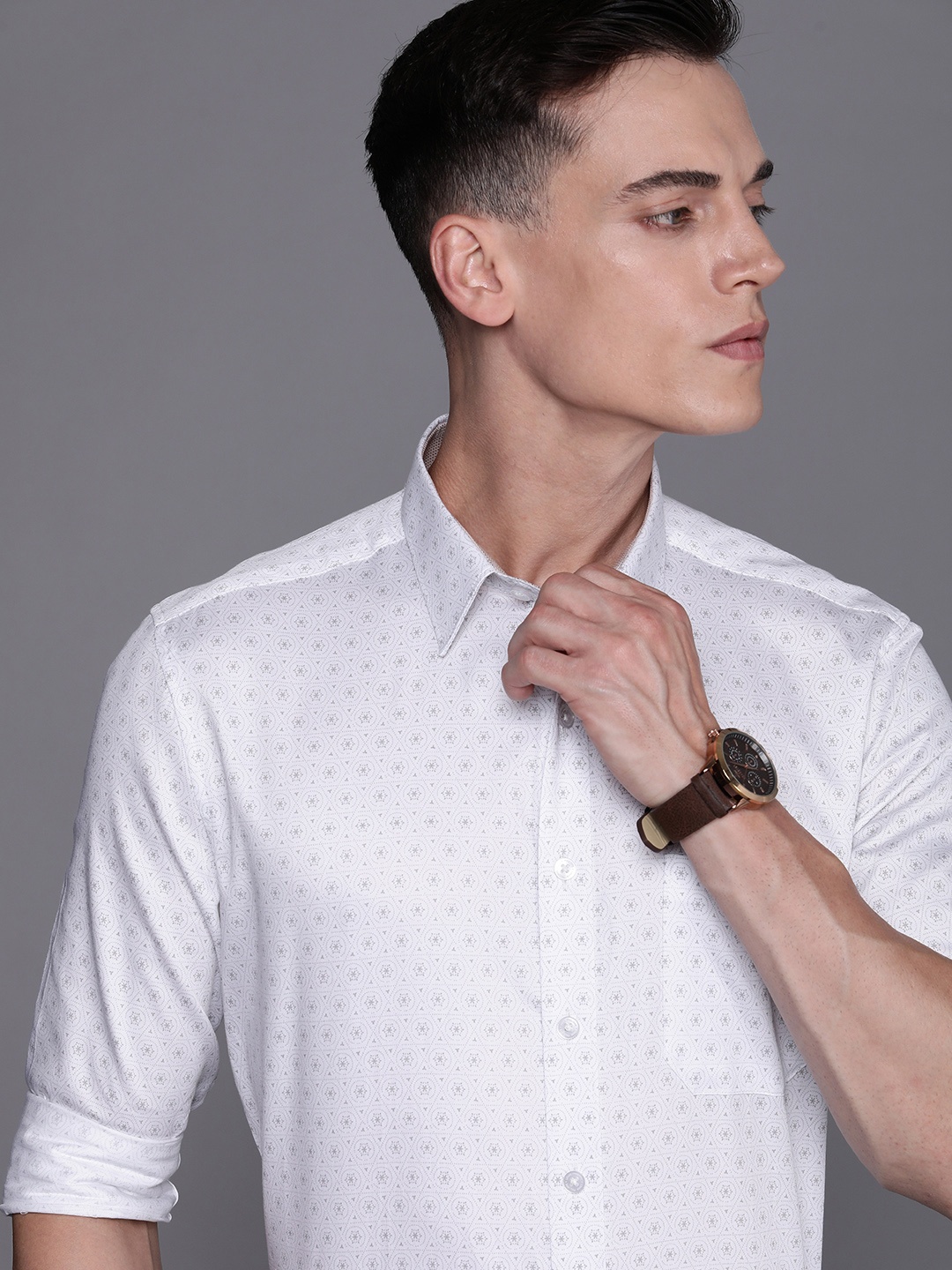 

Louis Philippe White & Grey Printed Pure Cotton Slim Fit Formal Shirt