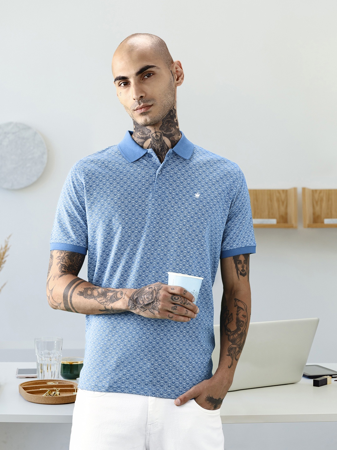 

Louis Philippe Men Blue & White Printed Polo Collar Pure Cotton T-shirt
