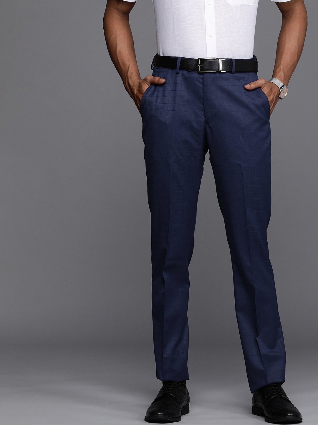 

Louis Philippe Men Navy Blue Windowpane Checked Slim Fit Formal Trousers