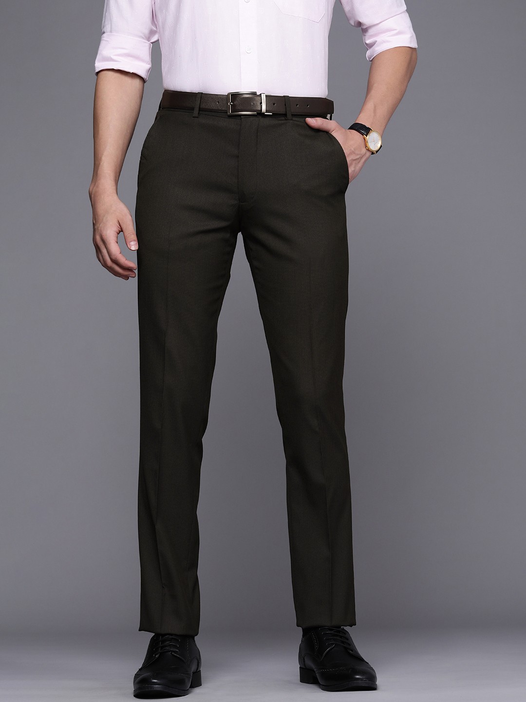 

Louis Philippe Men Brown Textured Self Design Slim Fit Mid-Rise Plain Formal Trousers