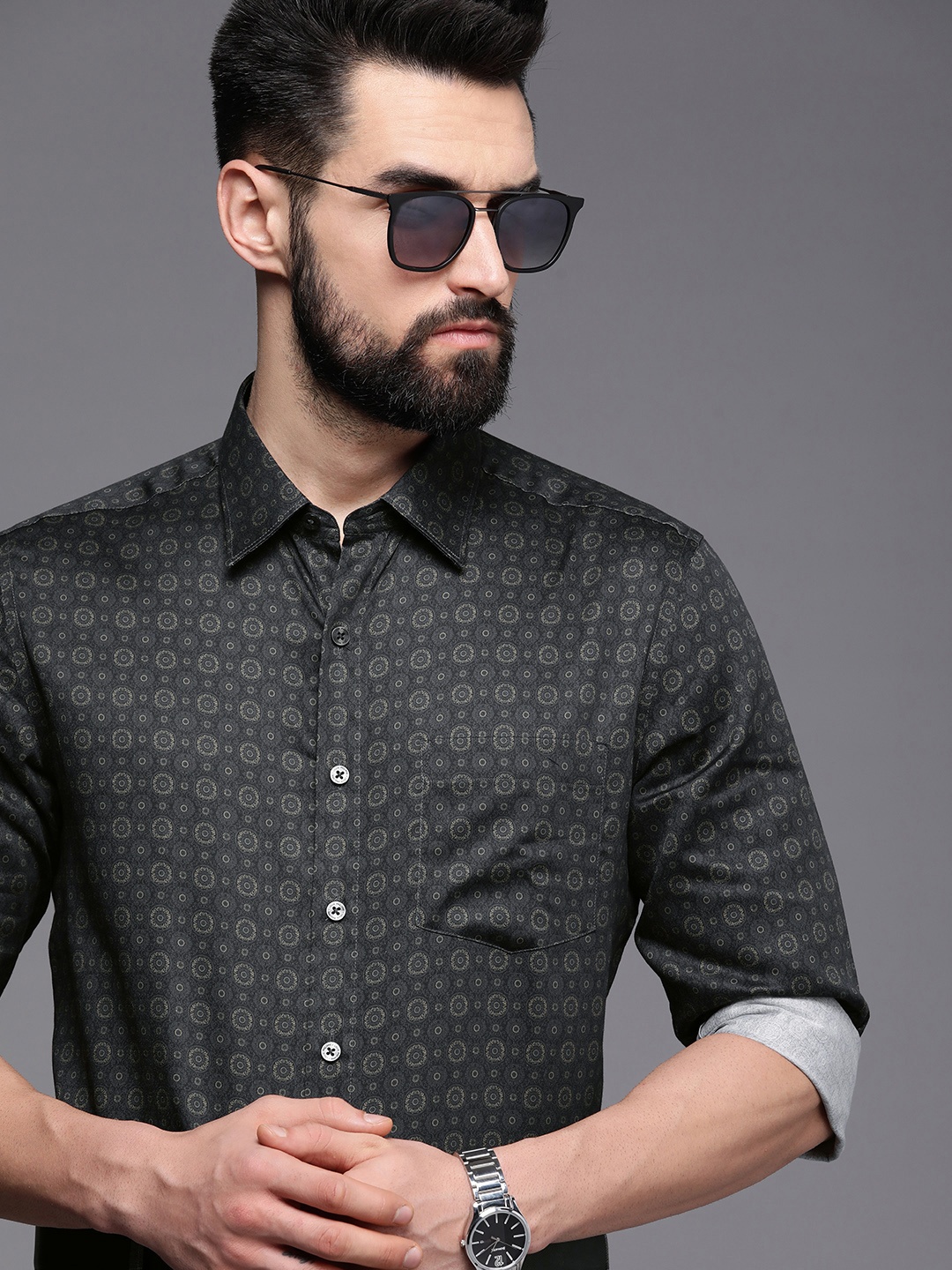 

Louis Philippe Men Black Ethnic Motifs Printed Pure Cotton Slim Fit Formal Shirt