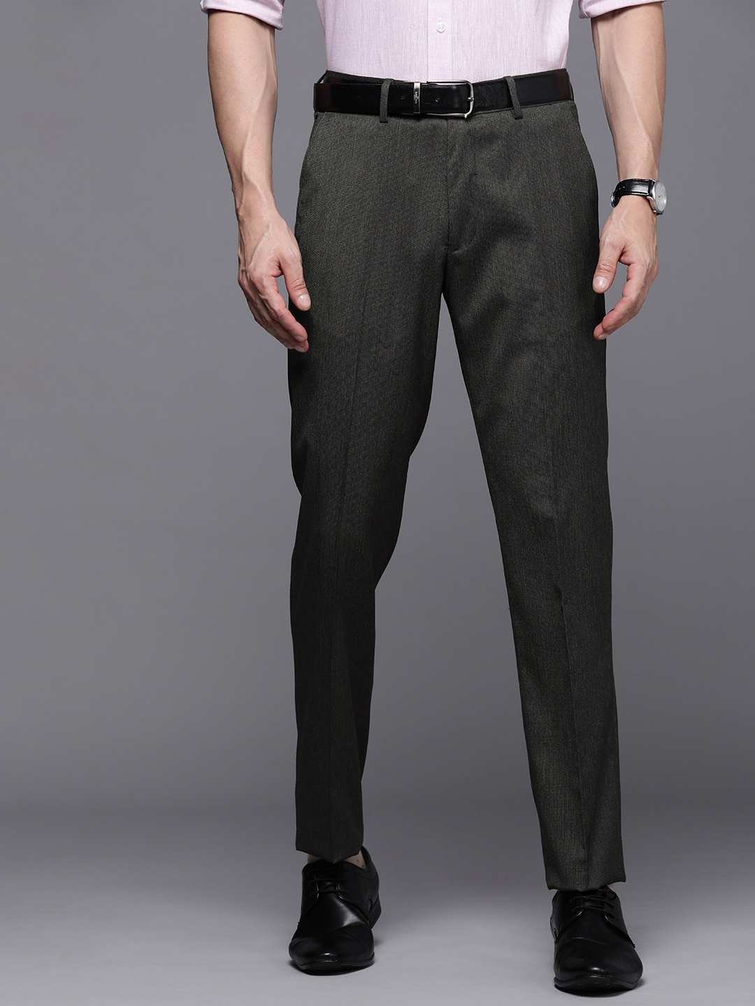 

Louis Philippe Men Charcoal Grey Textured Slim Fit Trousers