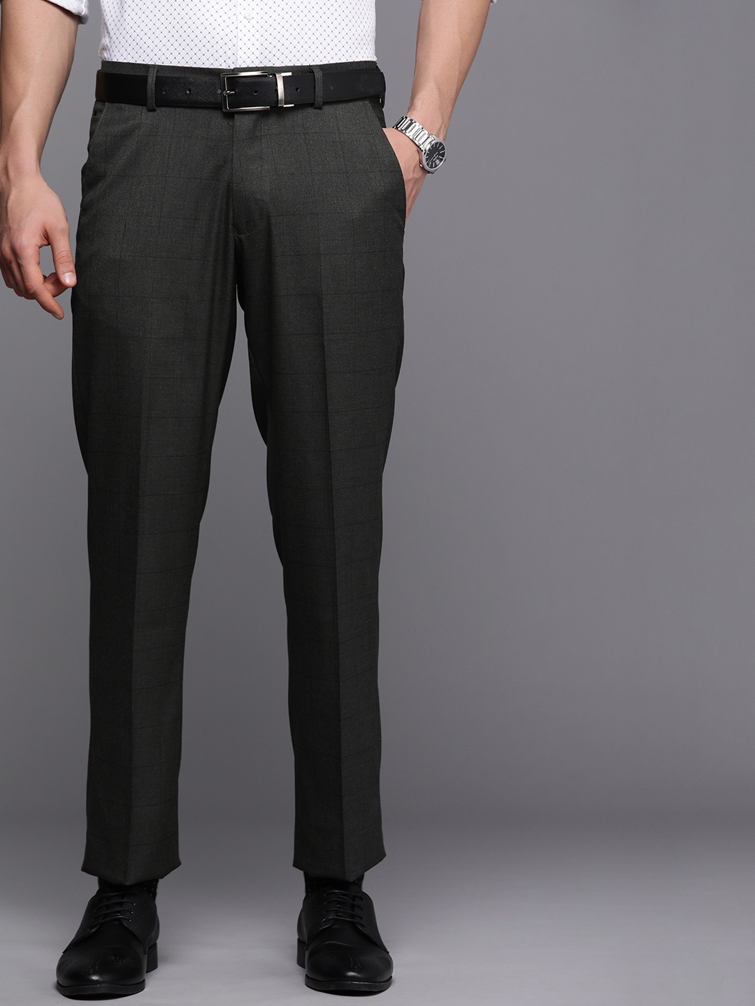 

Louis Philippe Men Dark Grey Checked Mid-Rise Formal Trousers