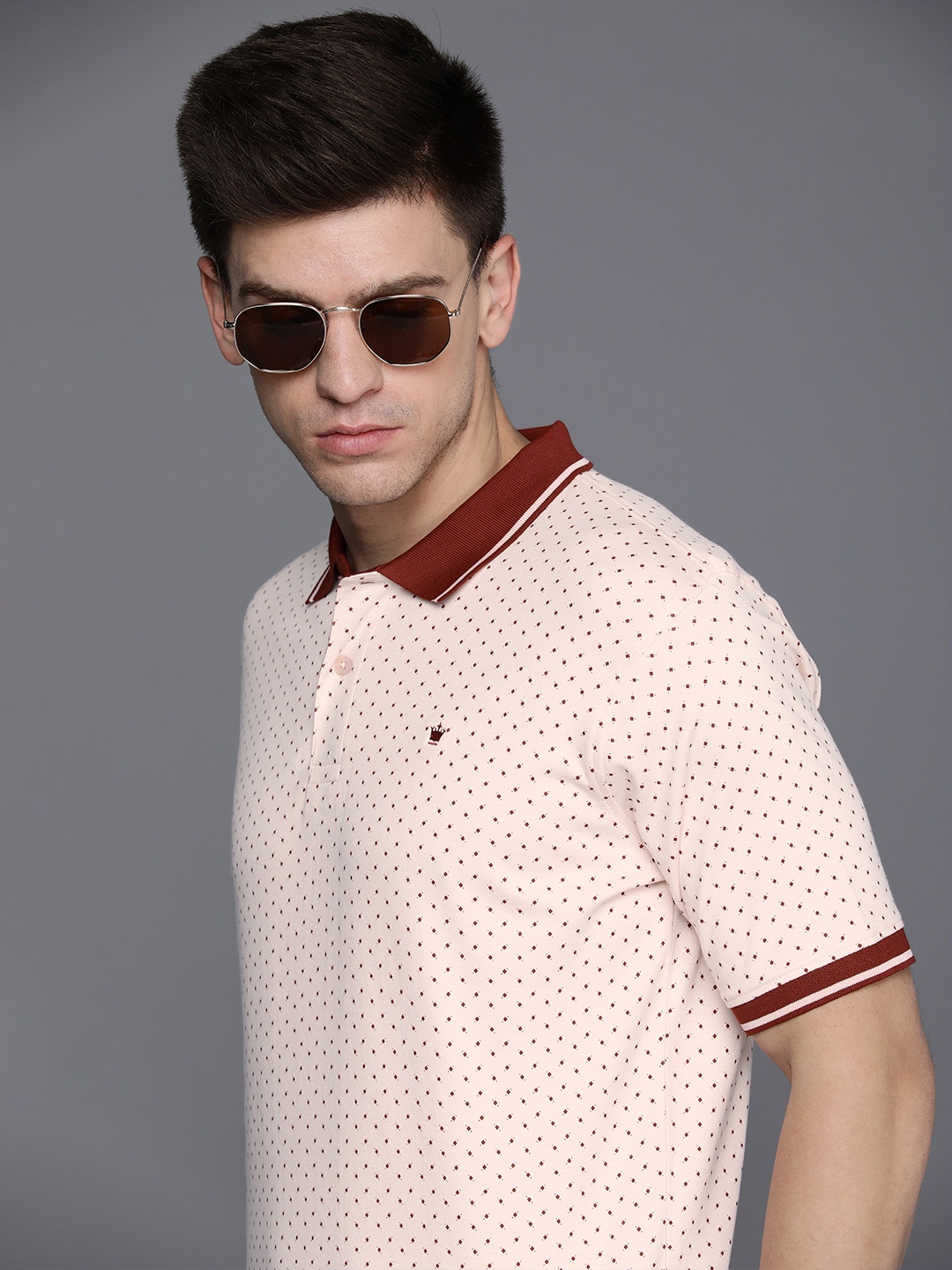 

Louis Philippe Men Peach Geometric Print Polo Collar Pure Cotton T-shirt
