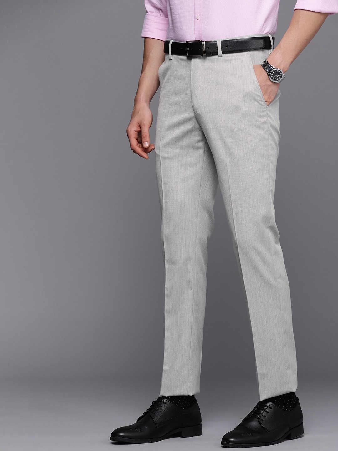 

Louis Philippe Men Grey Textured Slim Fit Formal Trousers