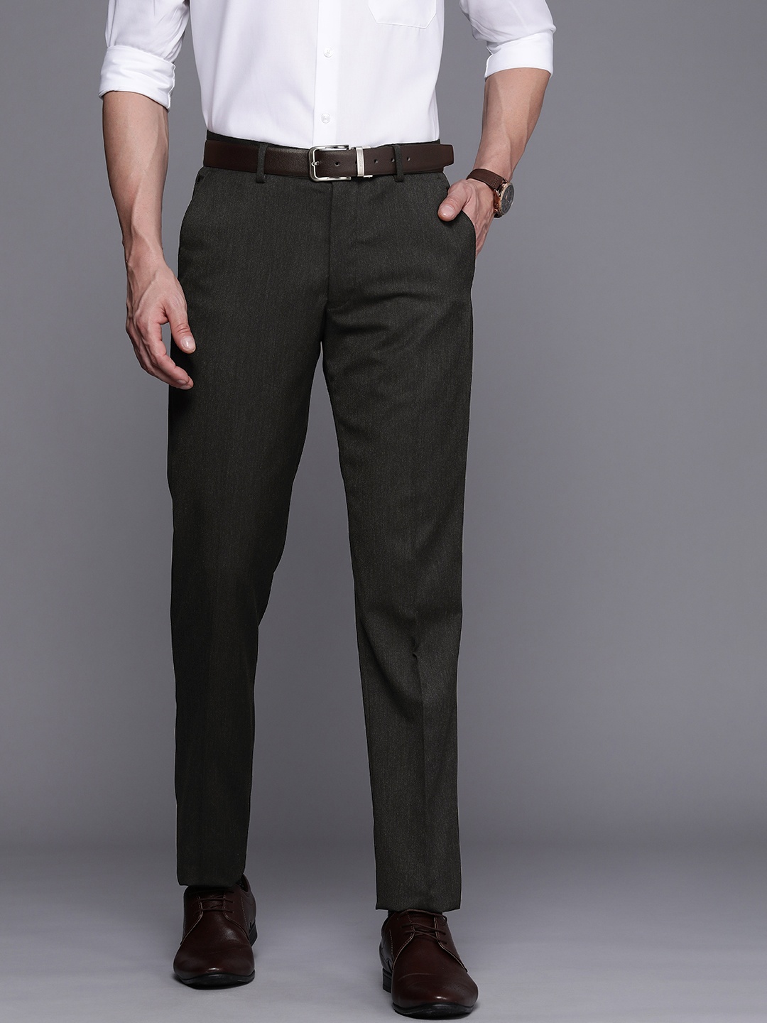 

Louis Philippe Men Charcoal Grey Textured Slim Fit Mid-Rise Trousers