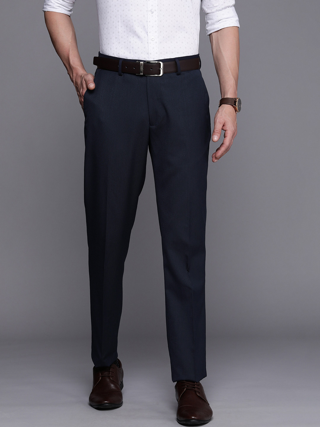 

Louis Philippe Men Navy Blue Textured Self Design Slim Fit Mid-Rise Woven Formal Trousers