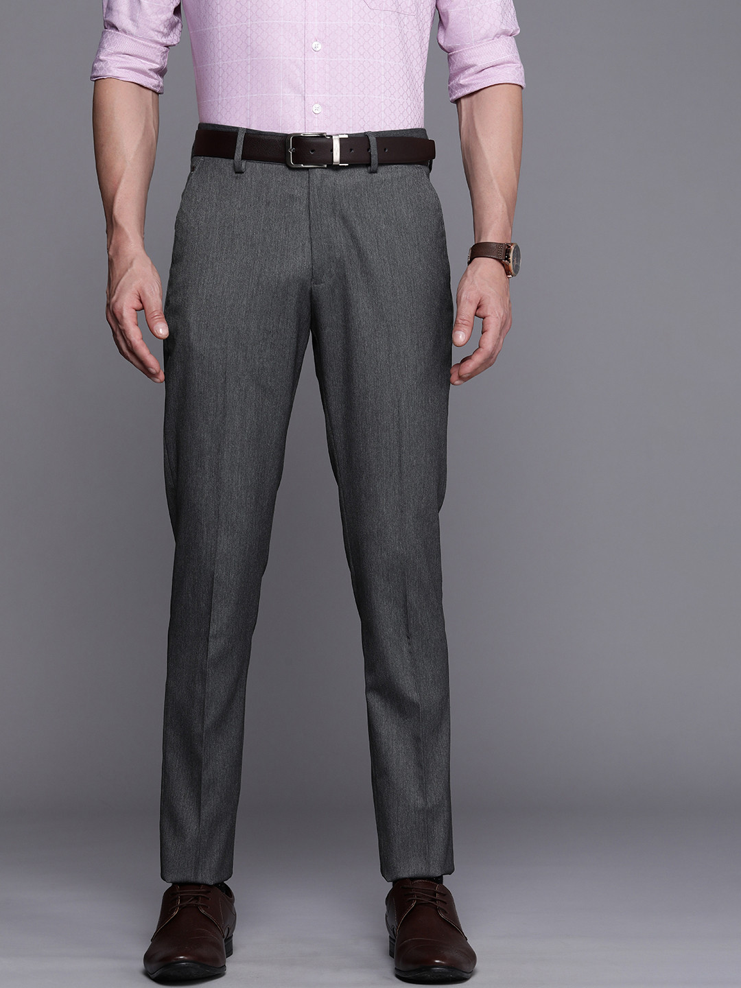 

Louis Philippe Men Grey Melange Geometric Self Design Super Slim Fit Mid-Rise Trousers