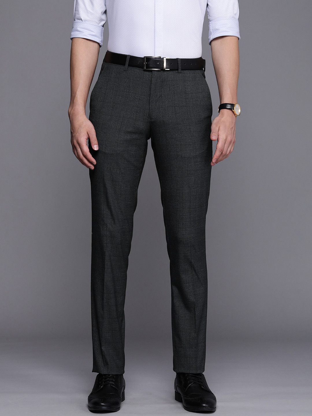 

Louis Philippe Men Charcoal Grey Checked Slim Fit Mid-Rise Formal Trousers