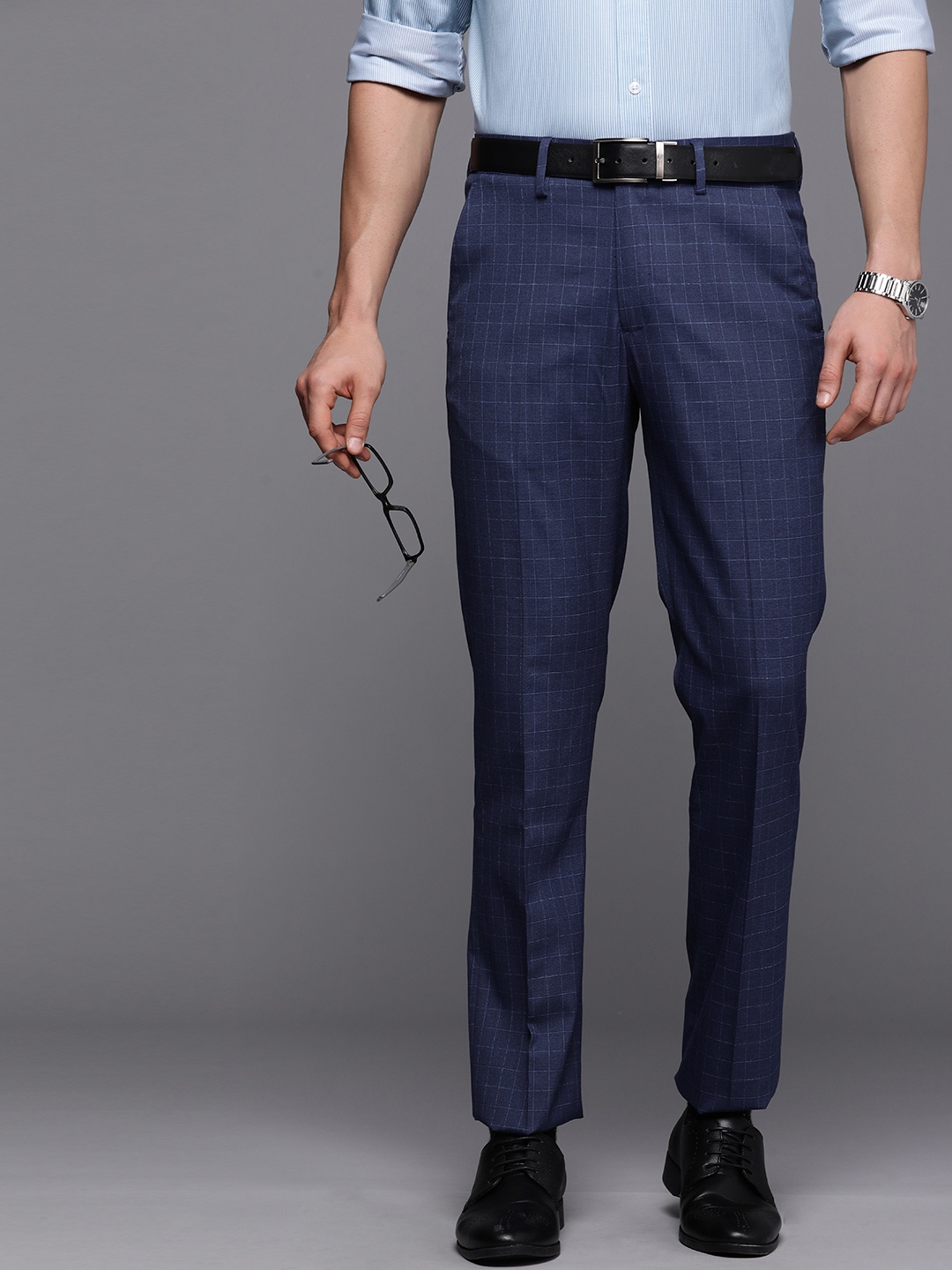 

Louis Philippe Men Navy Blue Checked Slim Fit Formal Trousers