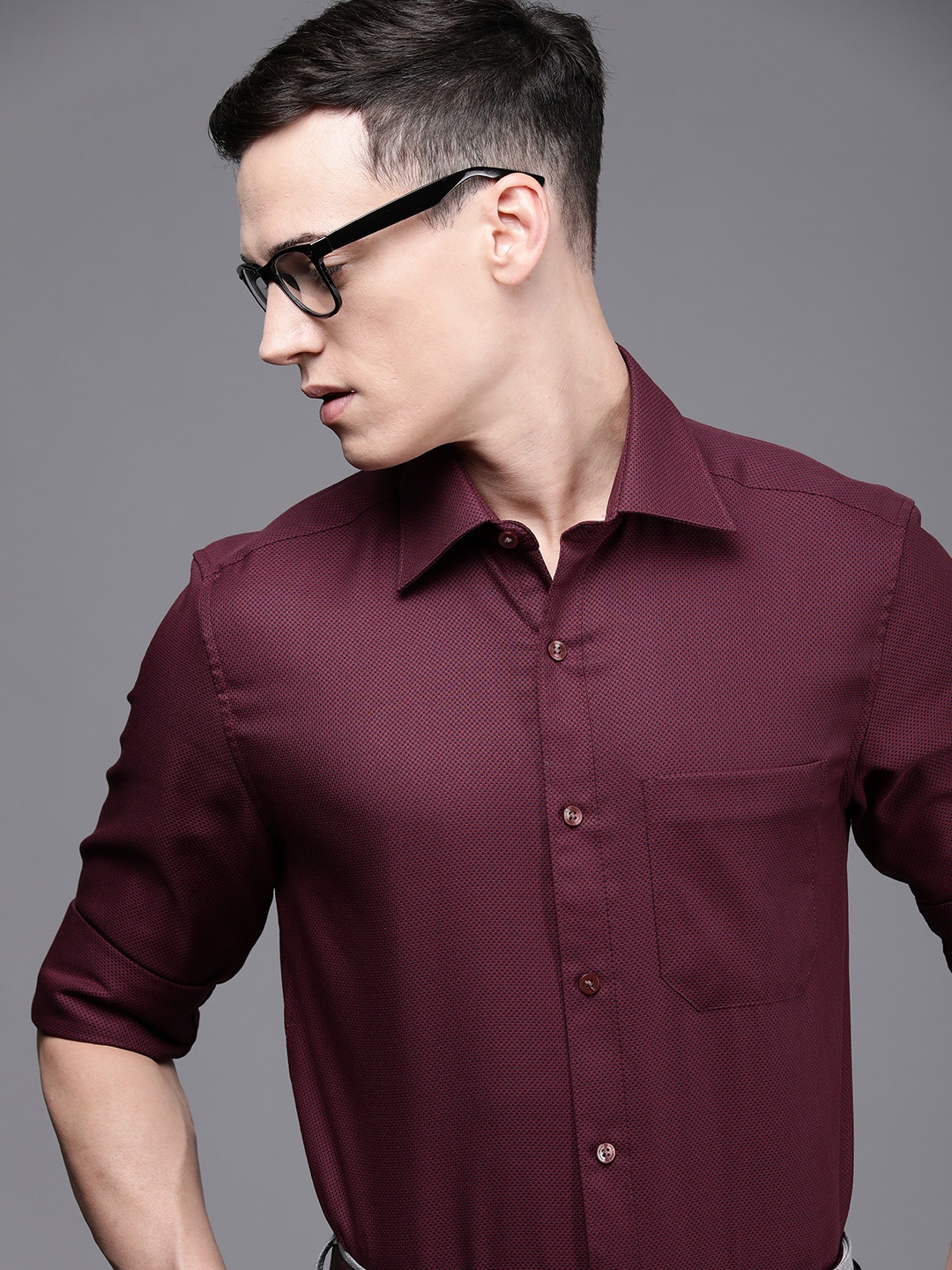 

Louis Philippe Men Maroon & Navy Blue Textured Classic Premium Cotton Formal Shirt
