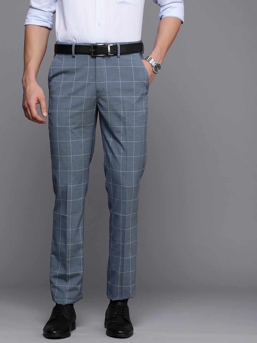 

Louis Philippe Men Blue Checked Slim Fit Formal Trousers