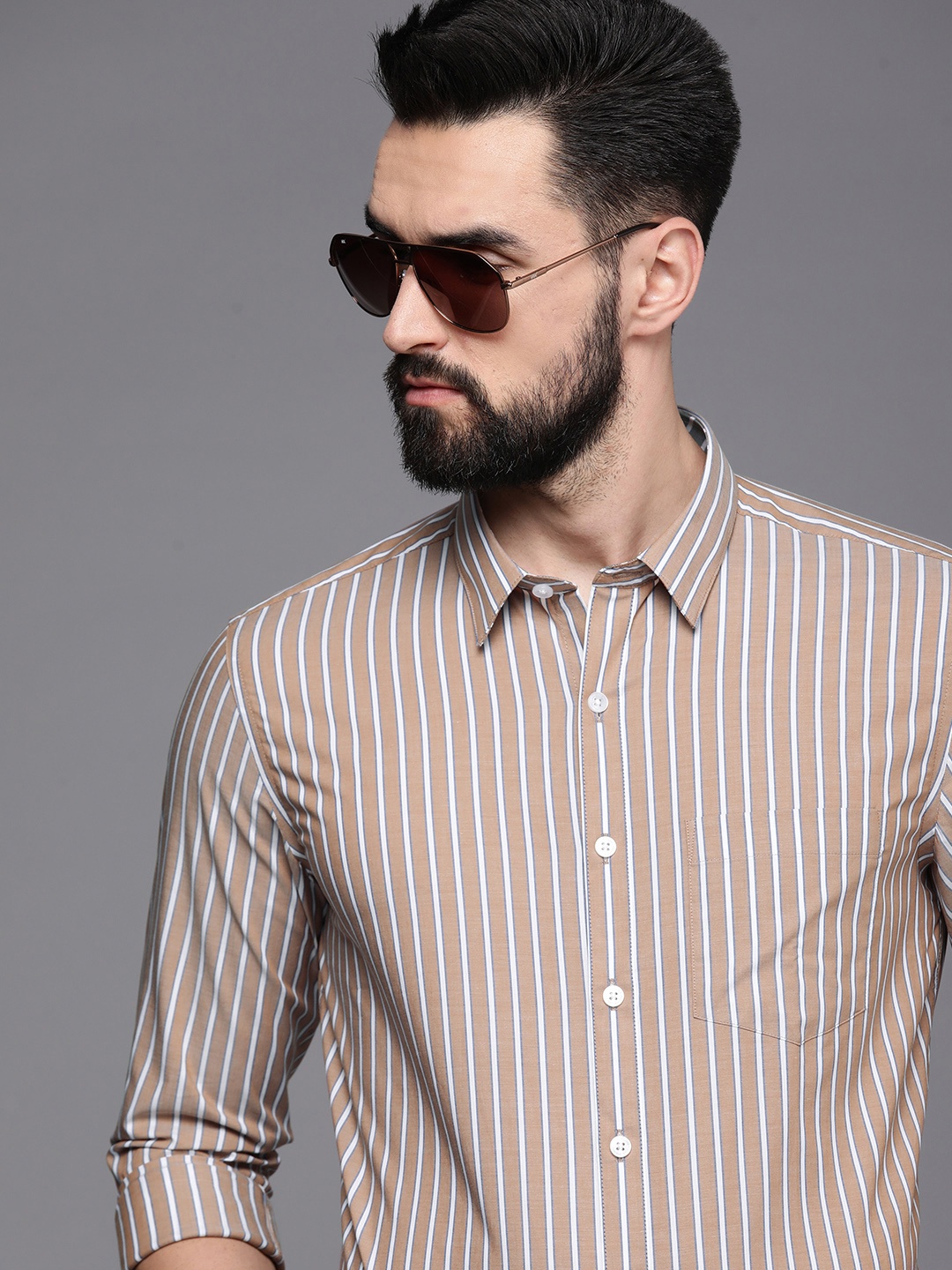 

Louis Philippe Men Brown And White Slim Fit Striped Formal Shirt