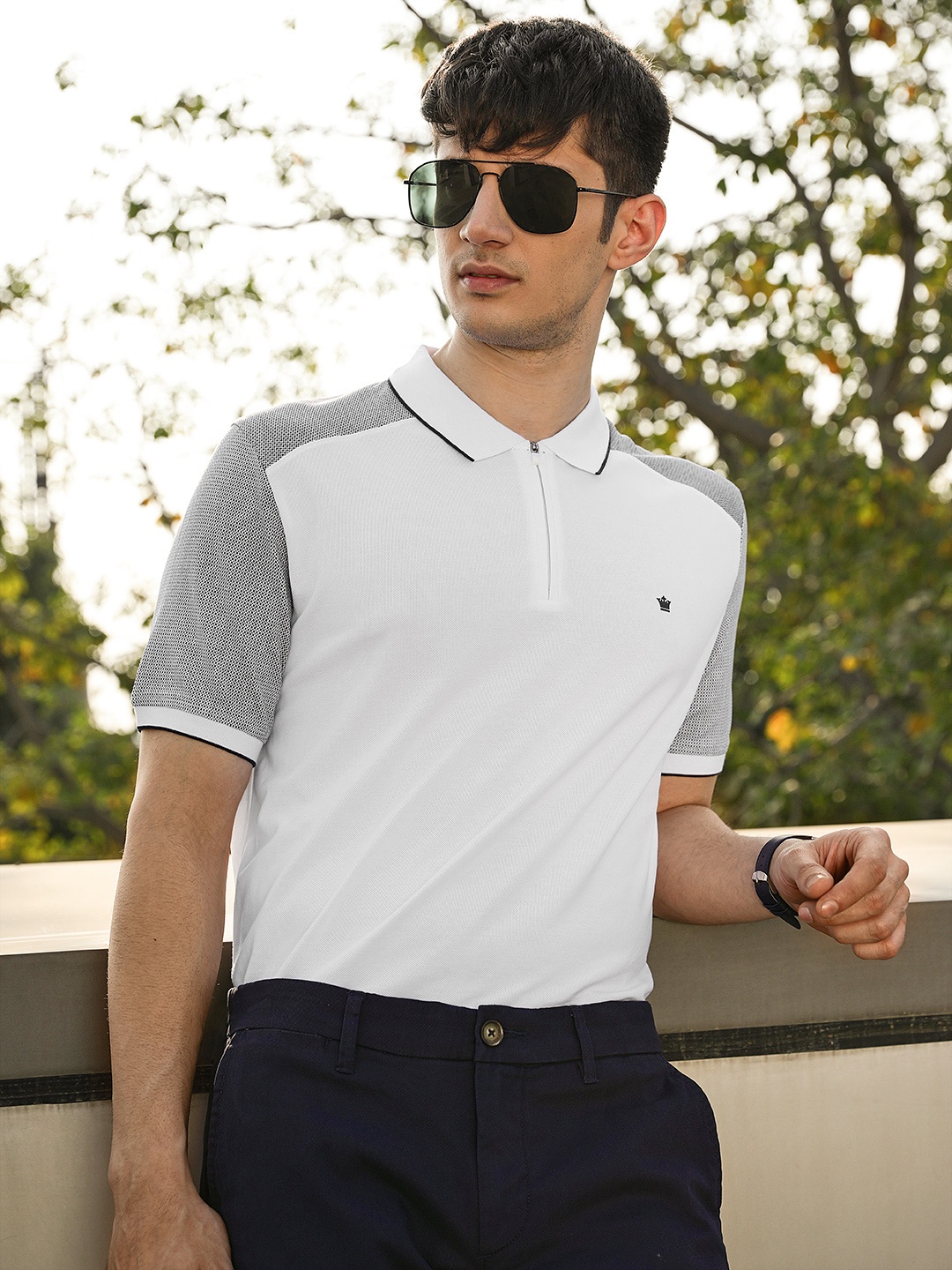 

Louis Philippe Men White & Navy Blue Polo Collar T-shirt