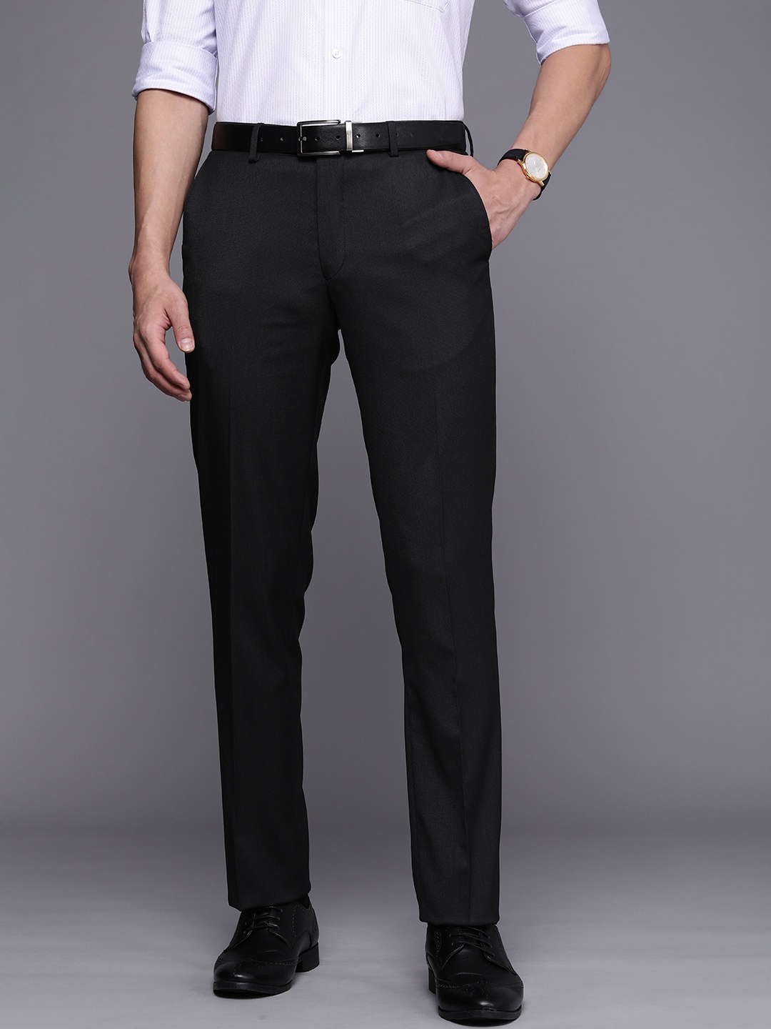 

Louis Philippe Men Black Textured Self Design Slim Fit Mid-Rise Woven Formal Trousers