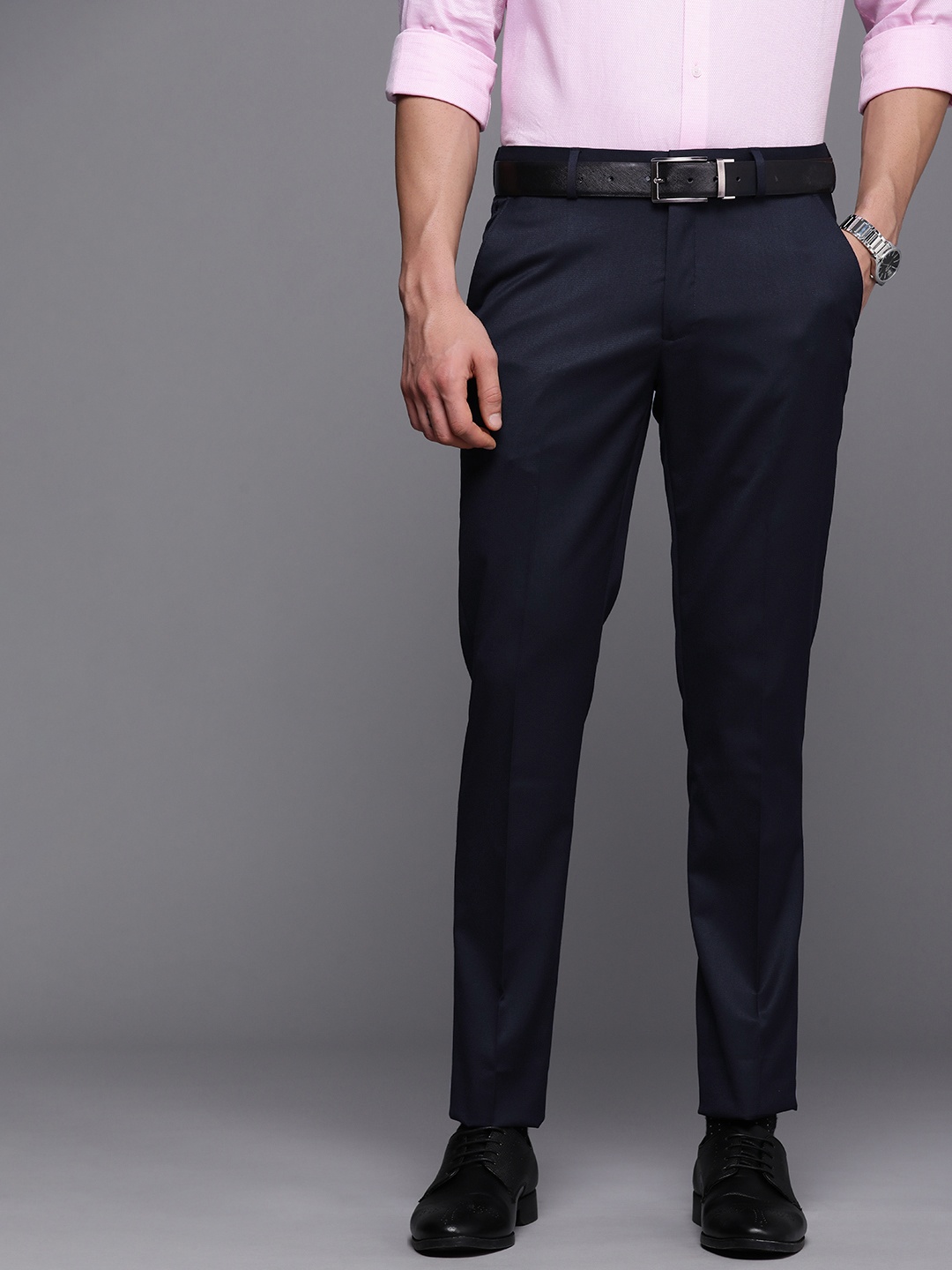 

Louis Philippe Men Navy Blue Textured Super Slim Fit Formal Trousers