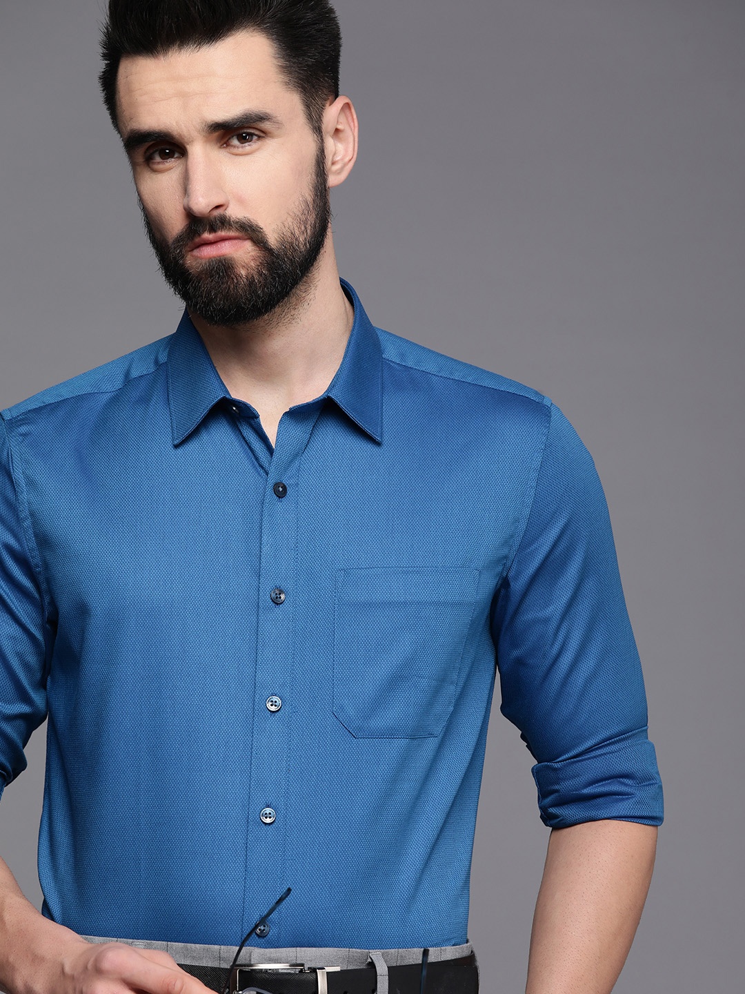 

Louis Philippe Men Blue Self Design Textured Slim Fit Pure Cotton Formal Shirt