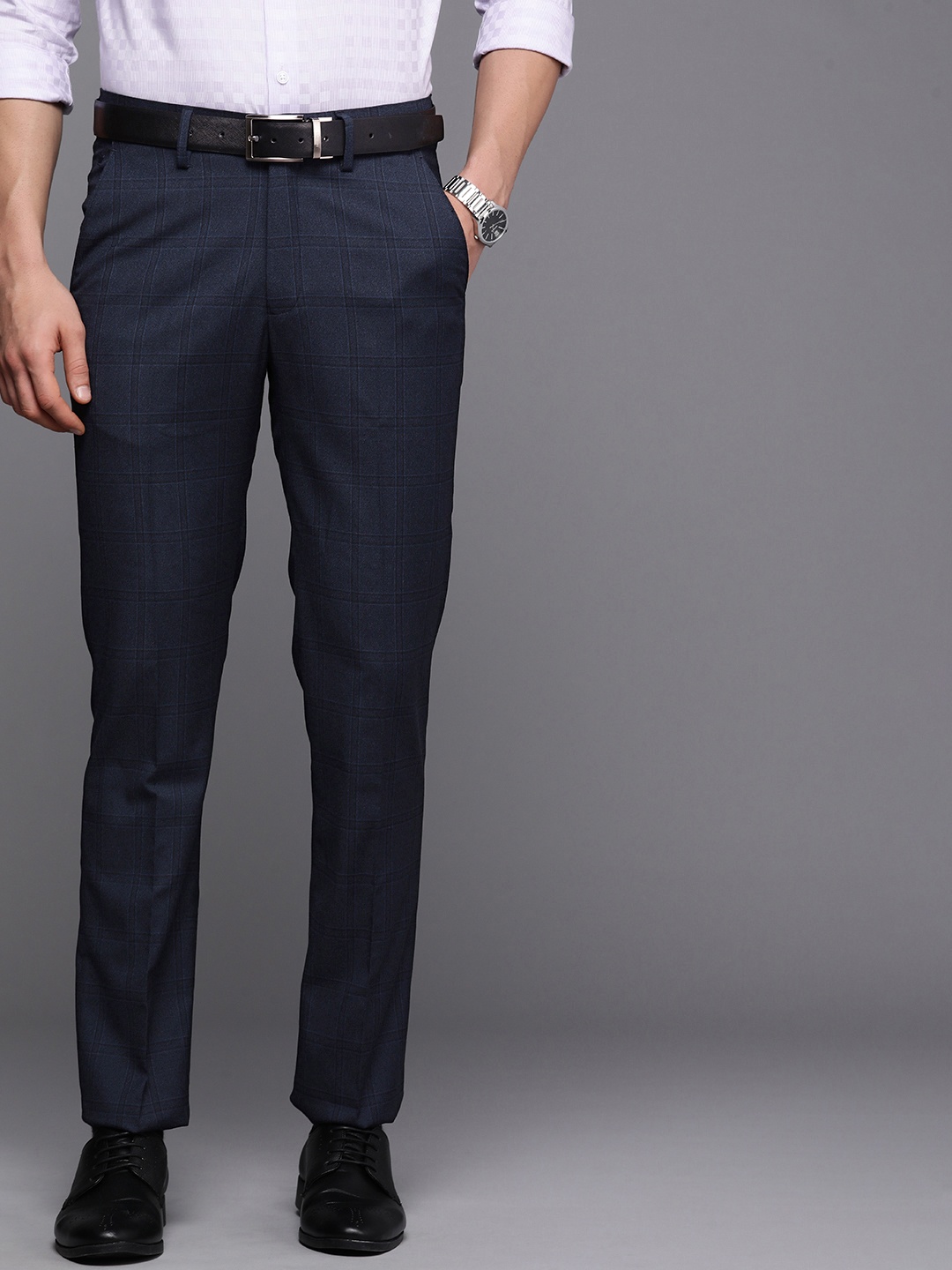 

Louis Philippe Men Navy Blue Checked Slim Fit Formal Trousers