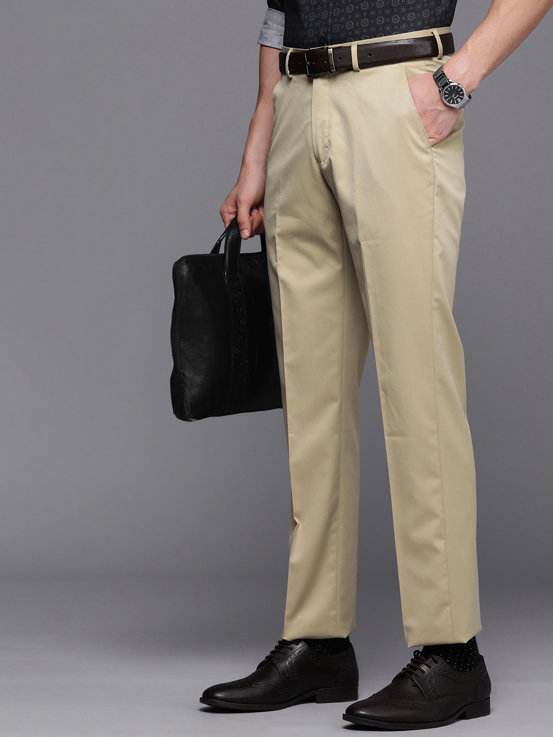 

Louis Philippe Men Beige Solid Formal Trousers