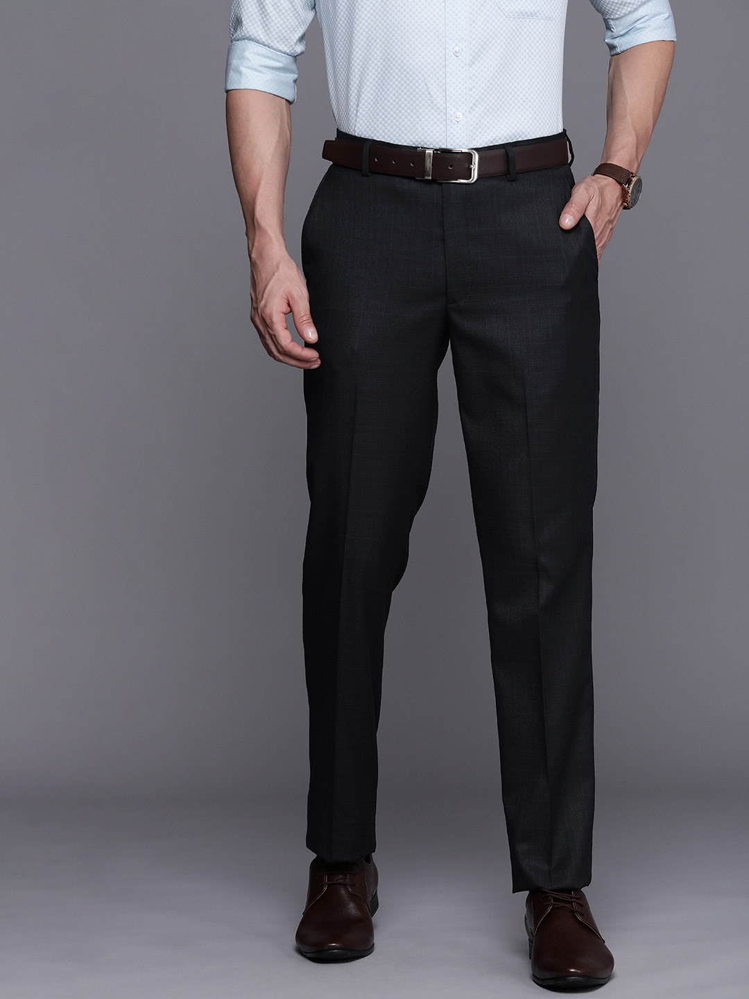 

Louis Philippe Men Navy Blue Checked Slim Fit Mid-Rise Plain Formal Trousers