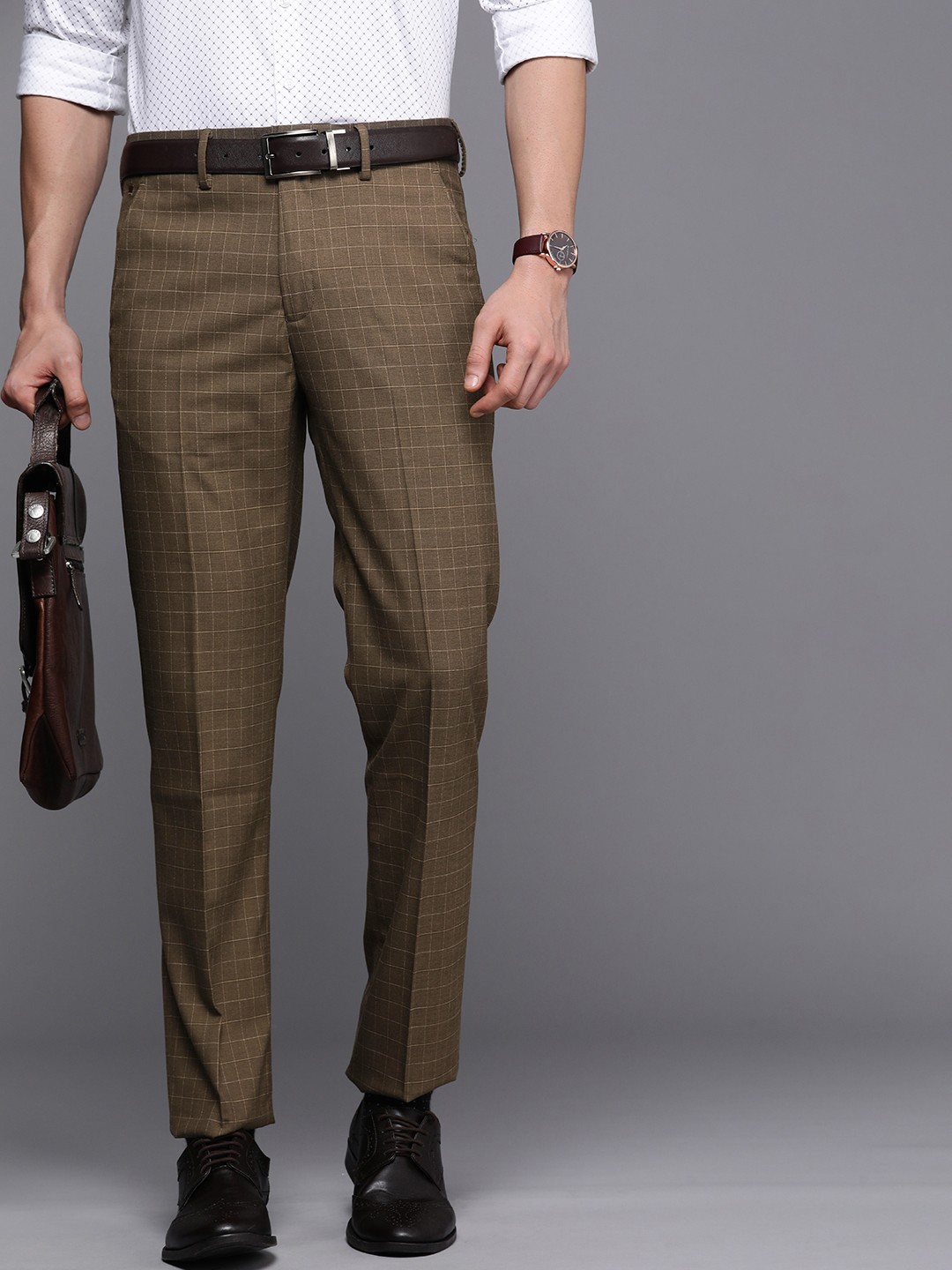 

Louis Philippe Men Brown Checked Slim Fit Formal Trousers