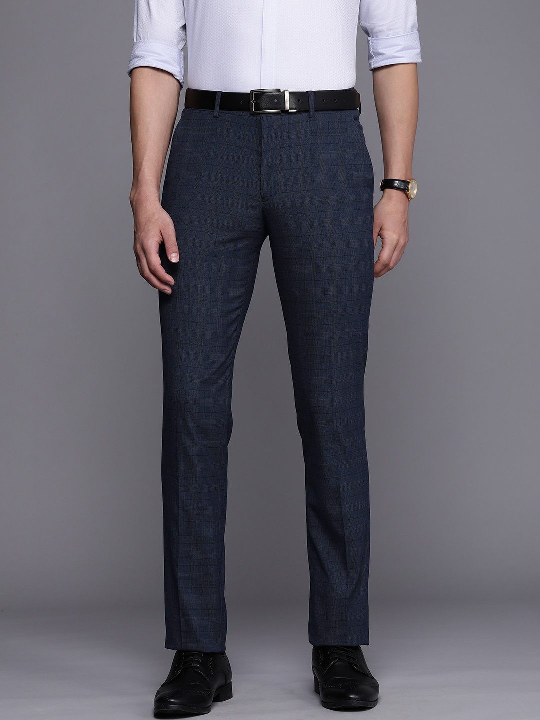 

Louis Philippe Men Navy Blue Checked Slim Fit Mid-Rise Plain Woven Formal Trousers
