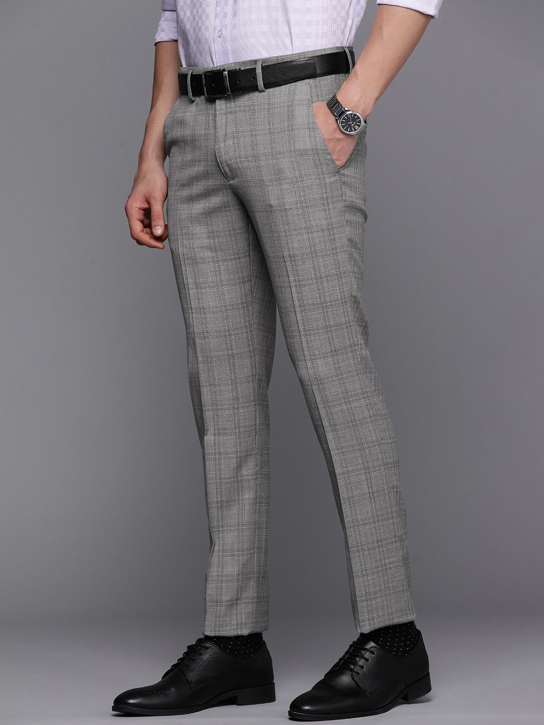 

Louis Philippe Men Grey Checked Super Slim Fit Formal Trousers