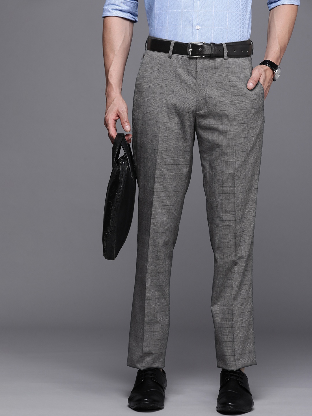 

Louis Philippe Men Grey Checked Slim Fit Formal Trousers