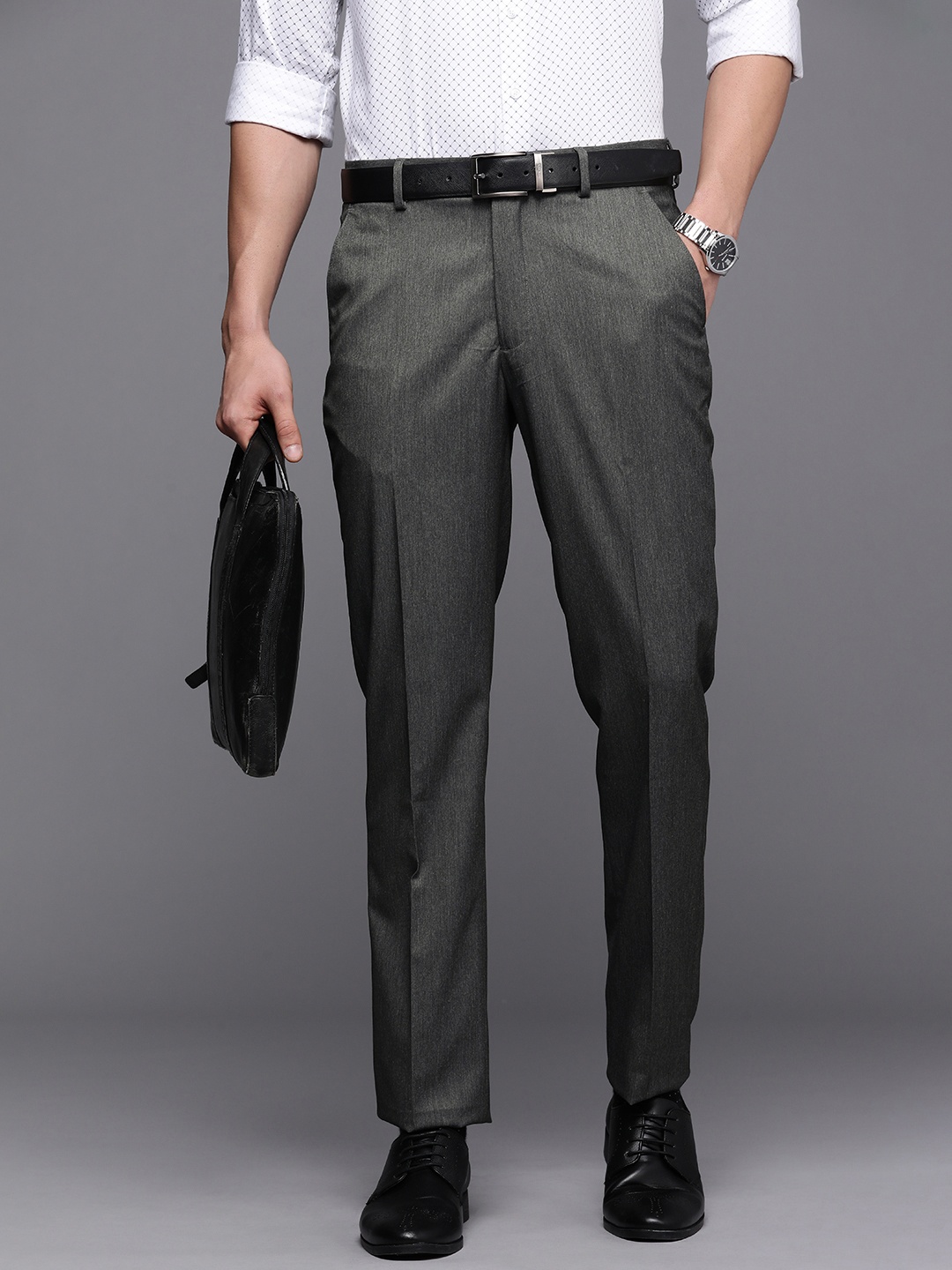 

Louis Philippe Men Grey Melange Solid Slim Fit Mid-Rise Plain Flat-Front Formal Trousers
