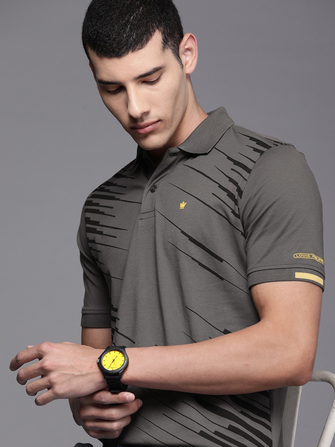 

Louis Philippe Men Grey Printed Polo Collar T-shirt