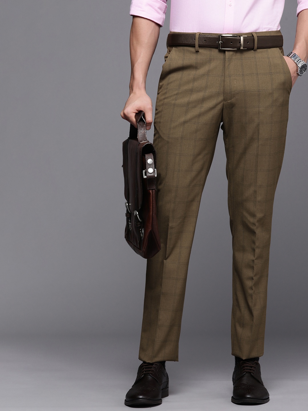 

Louis Philippe Men Brown Checked Slim Fit Mid-Rise Plain Woven Flat-Front Formal Trousers