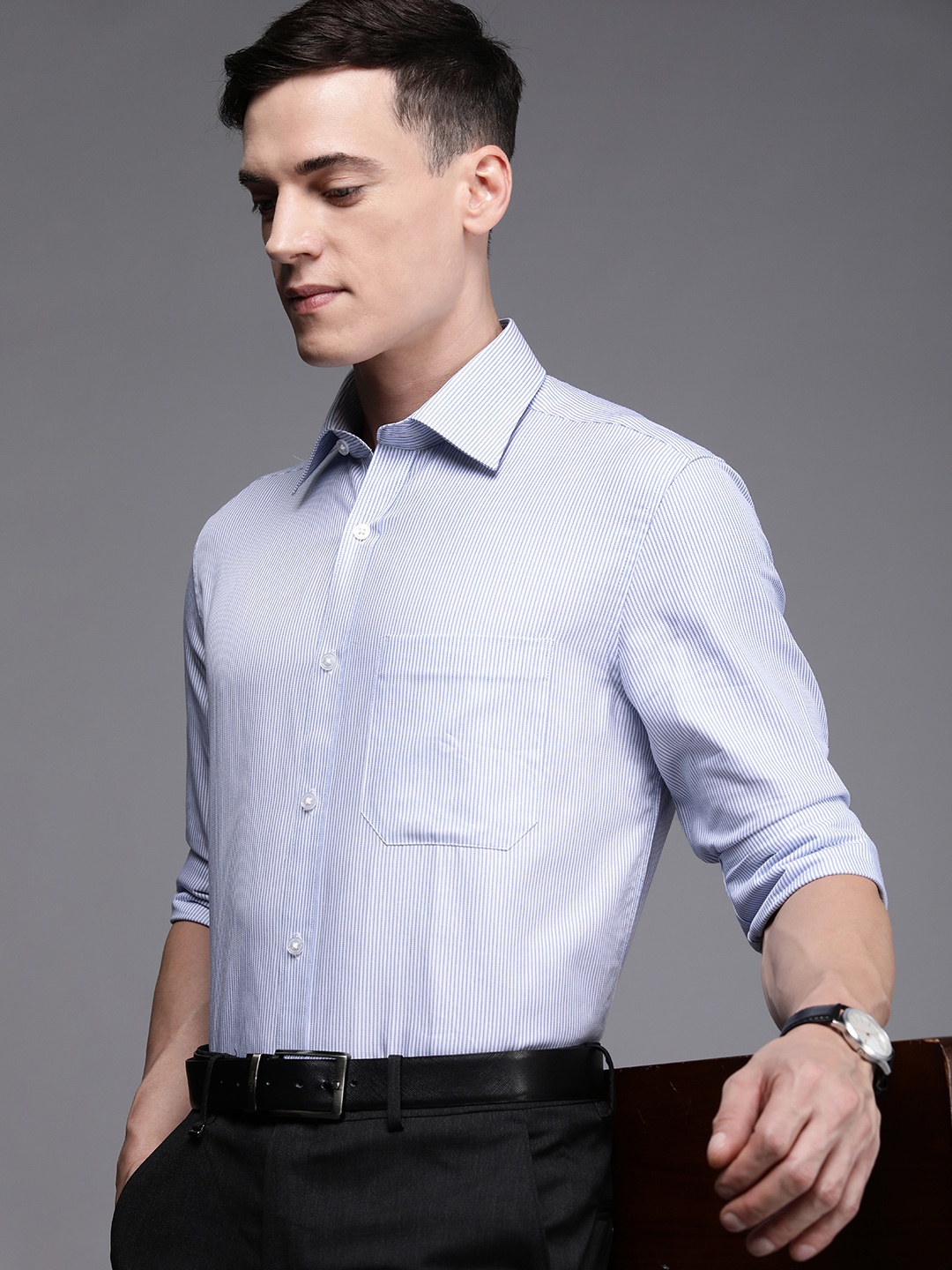 

Louis Philippe Men Blue & White Classic Slim Fit Cotton Striped Formal Shirt