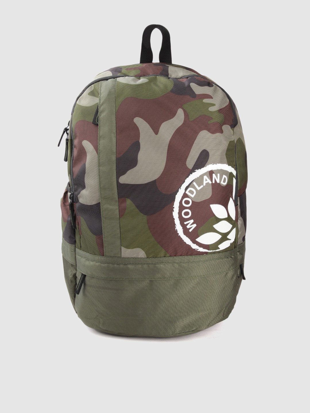 

Woodland Men Olive Green & White Camouflage & Brand Logo Print Backpack