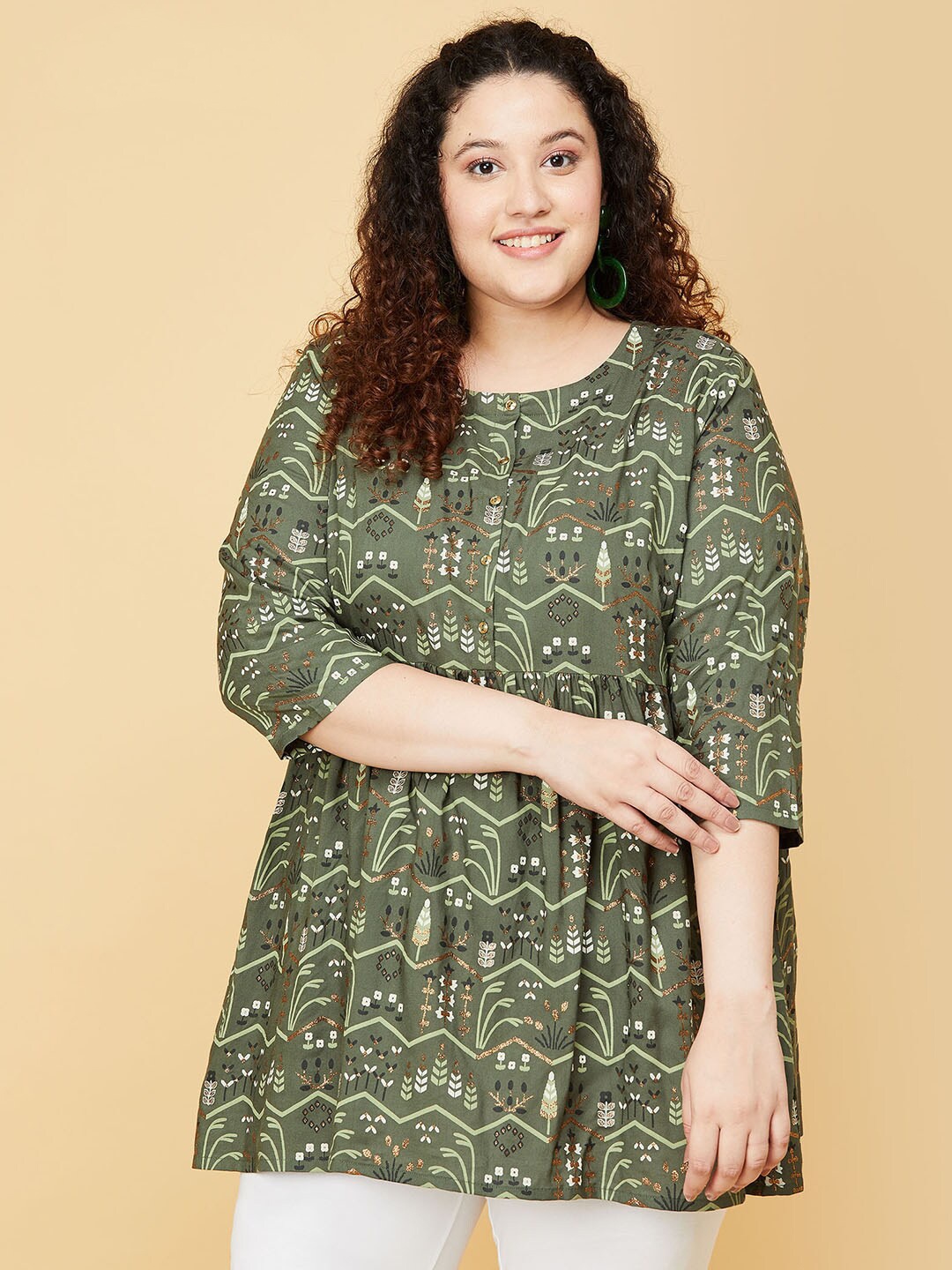 

max Plus-Size Green & White Viscose Rayon Mandarin Collar Printed Tunic