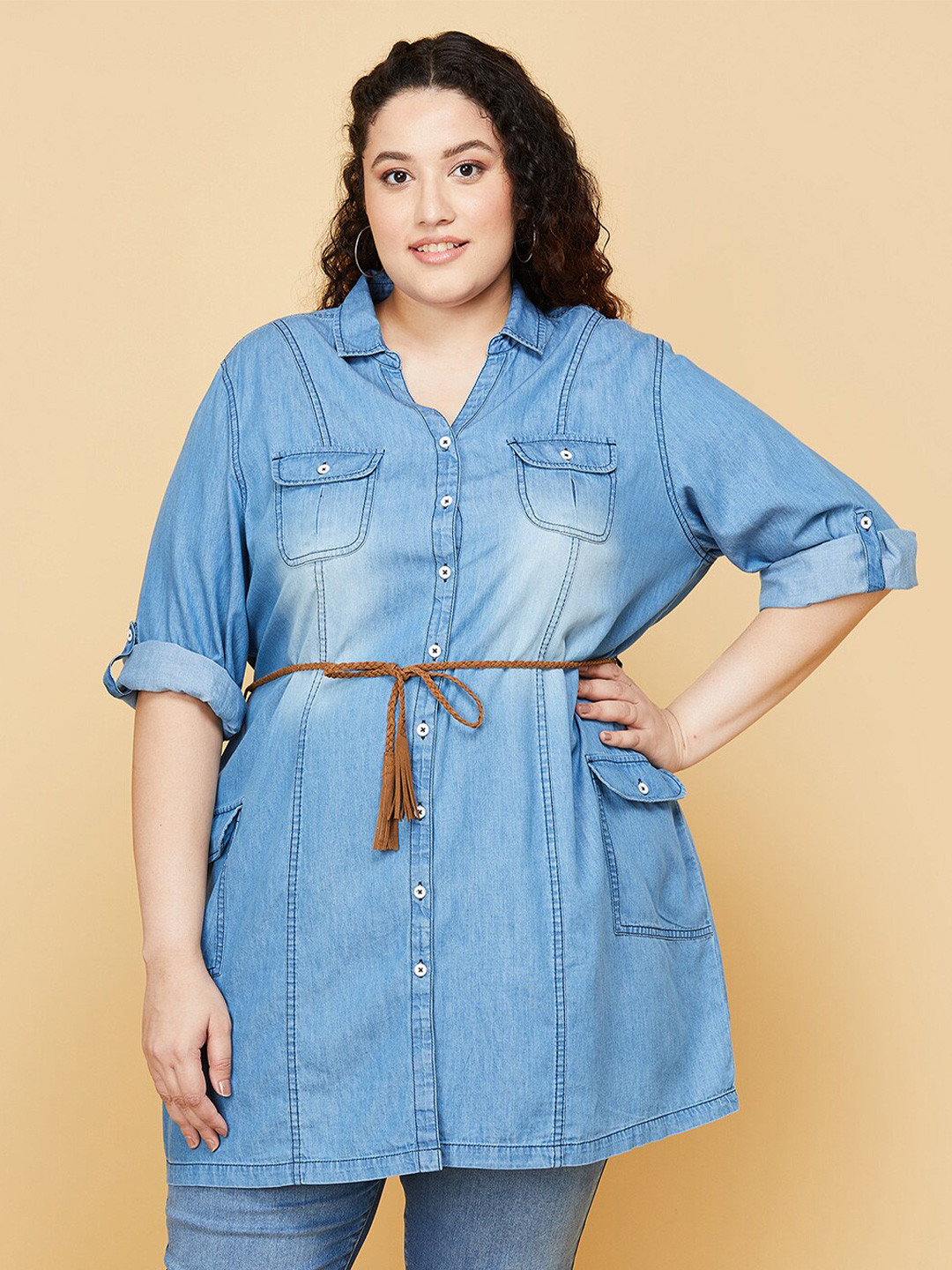 

max Blue Women Roll Up Long Cotton Sleeves V Neck Tunic