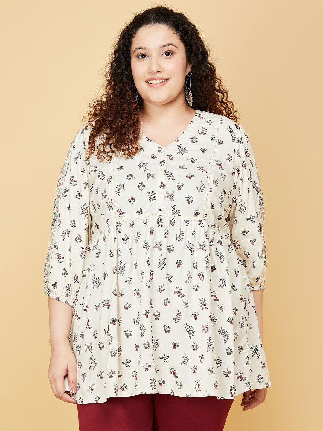 

max Plus Size Women Off White & Brown Floral Printed Viscose Rayon Tunic