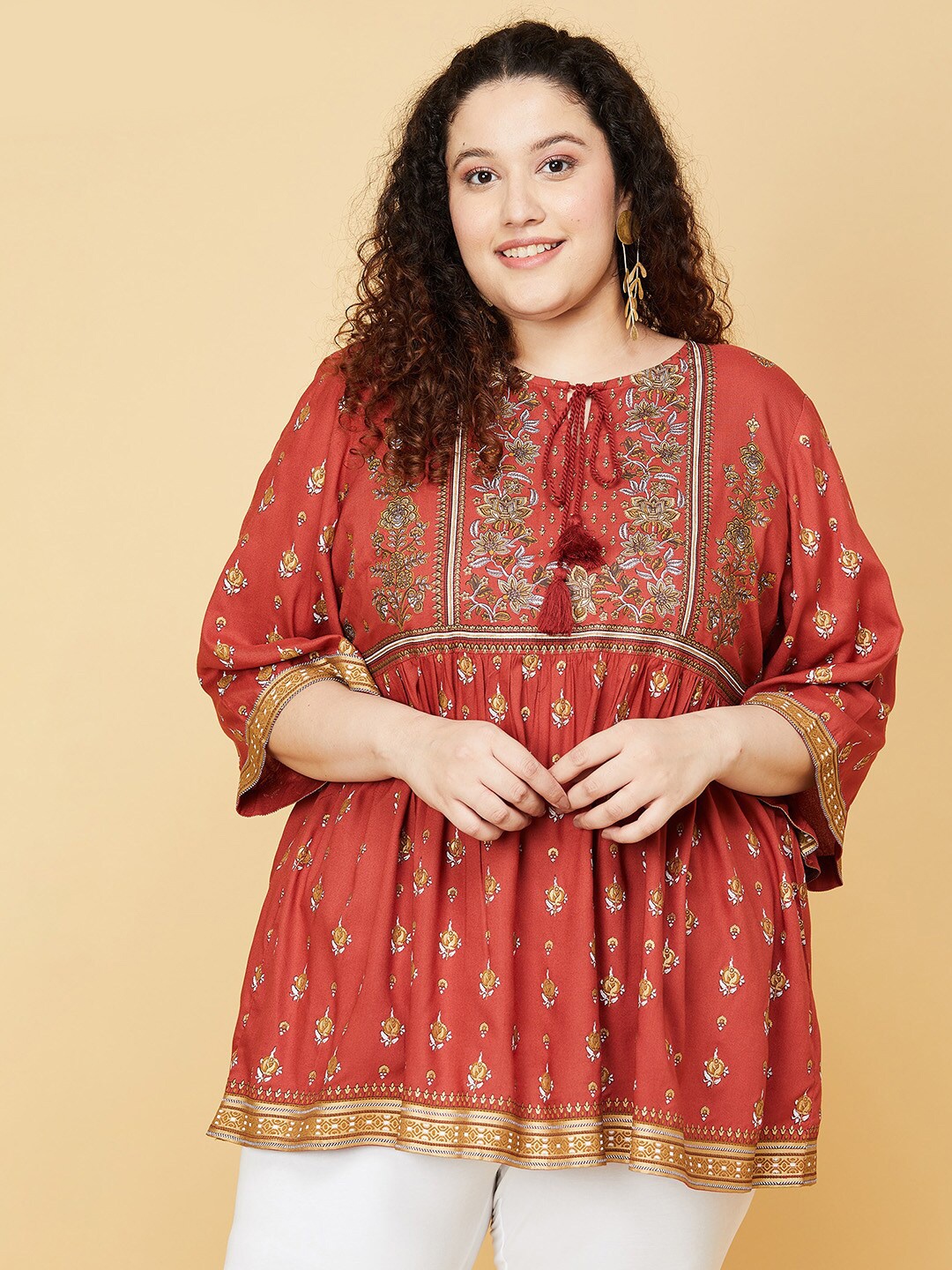 

max Plus Women Brown & Gold-Toned Viscose Rayon Printed Tie-up Tunic