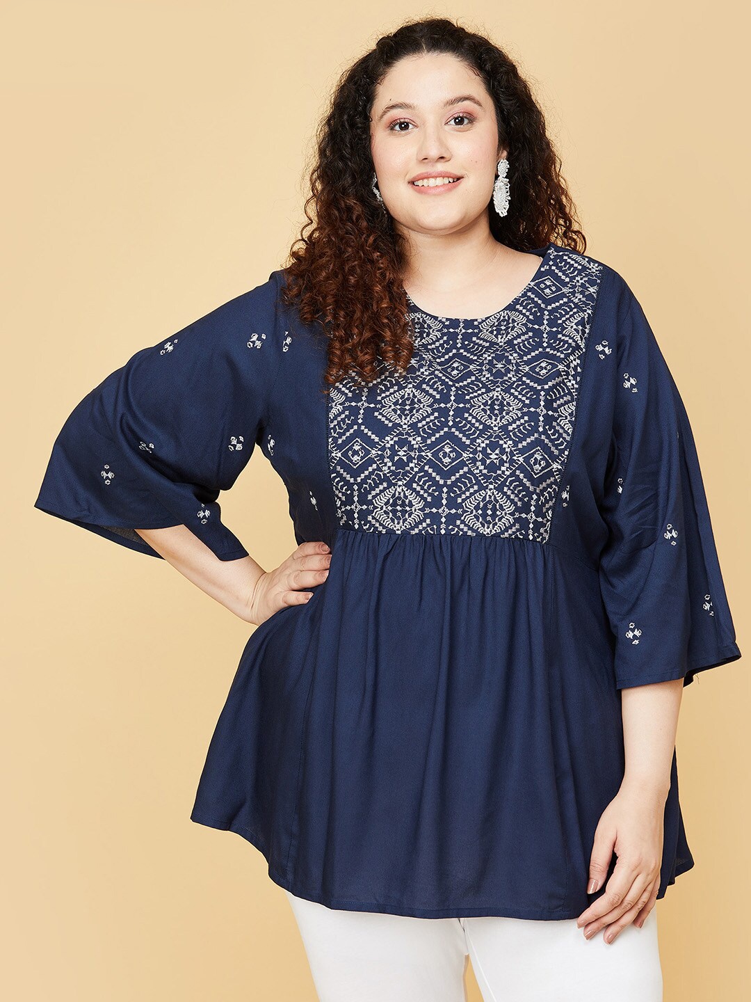

max Plus Size Blue Viscose Rayon Embroidered Tunic