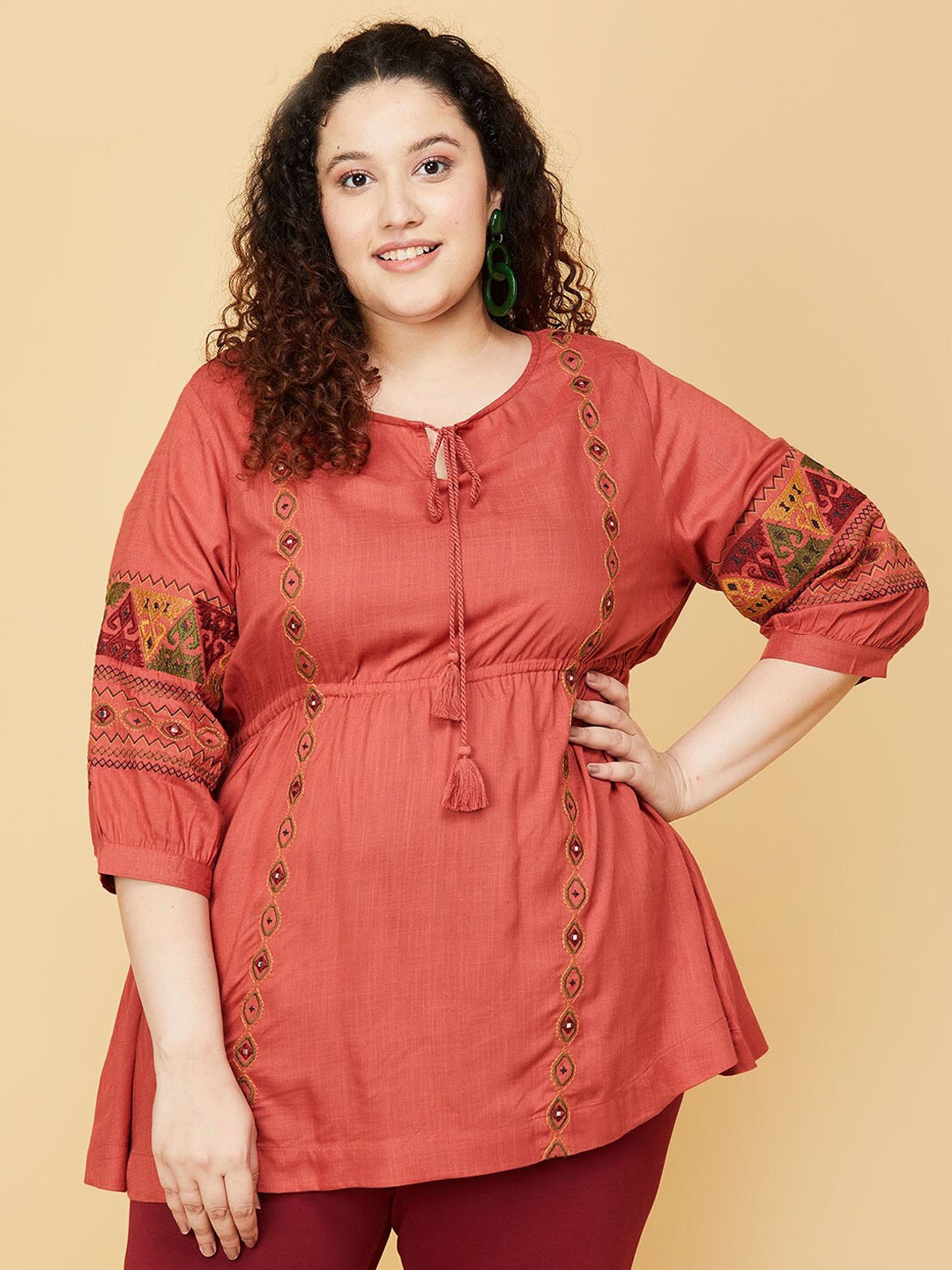 

max Women Plus Size Brown & Green Viscose Rayon Embroidered Tunic