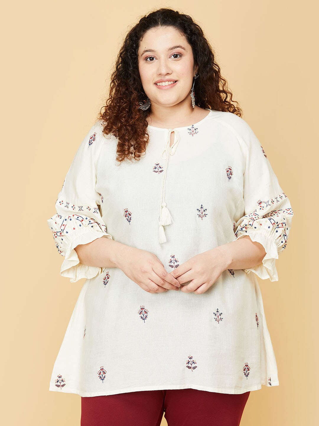 

max Women White & Brown Viscose Rayon Embroidered Tunic