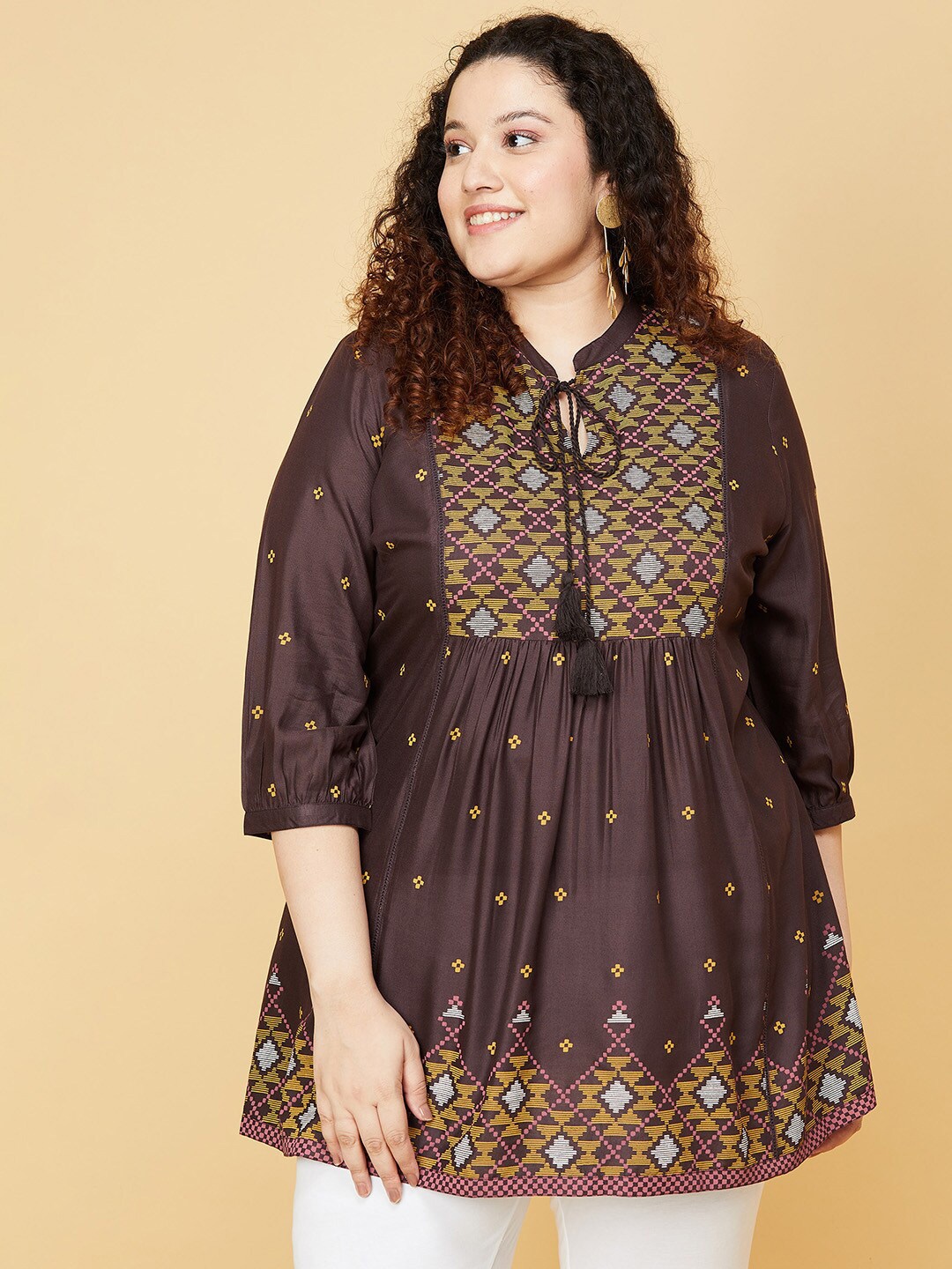 

max Charcoal Mandarin Collar Pure Rayon Embroidered Tunic