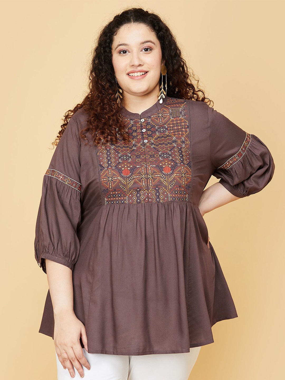 

max Plus Size Women Brown & Yellow Embroidered Tunic