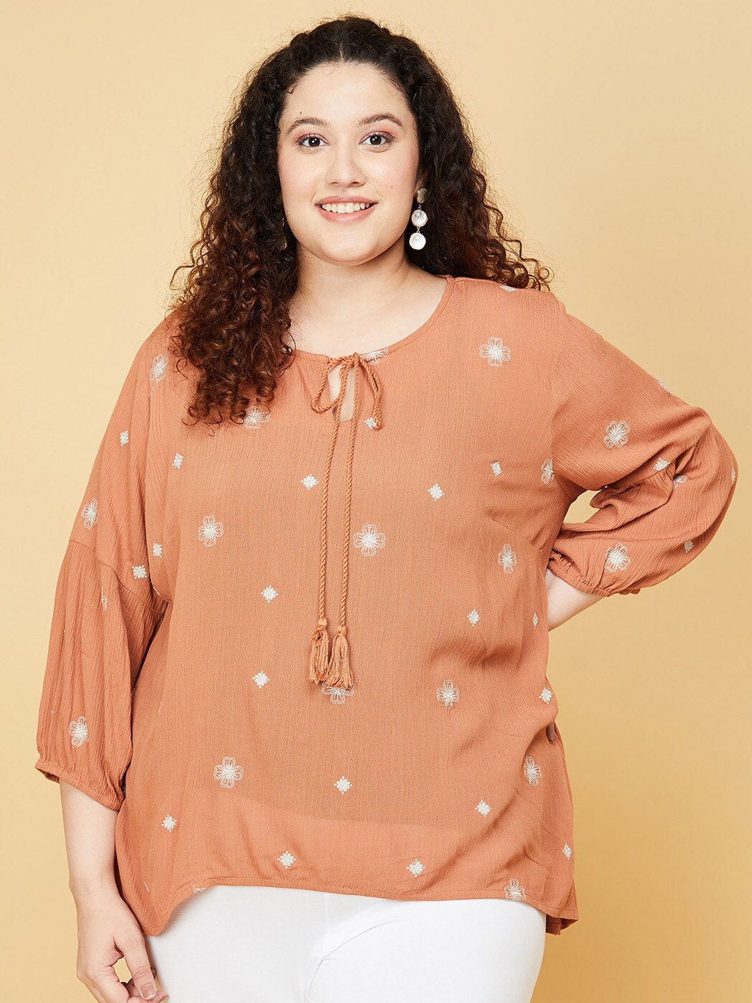 

max Plus Size Women Brown & White Viscose Rayon Floral Embroidered Tunic